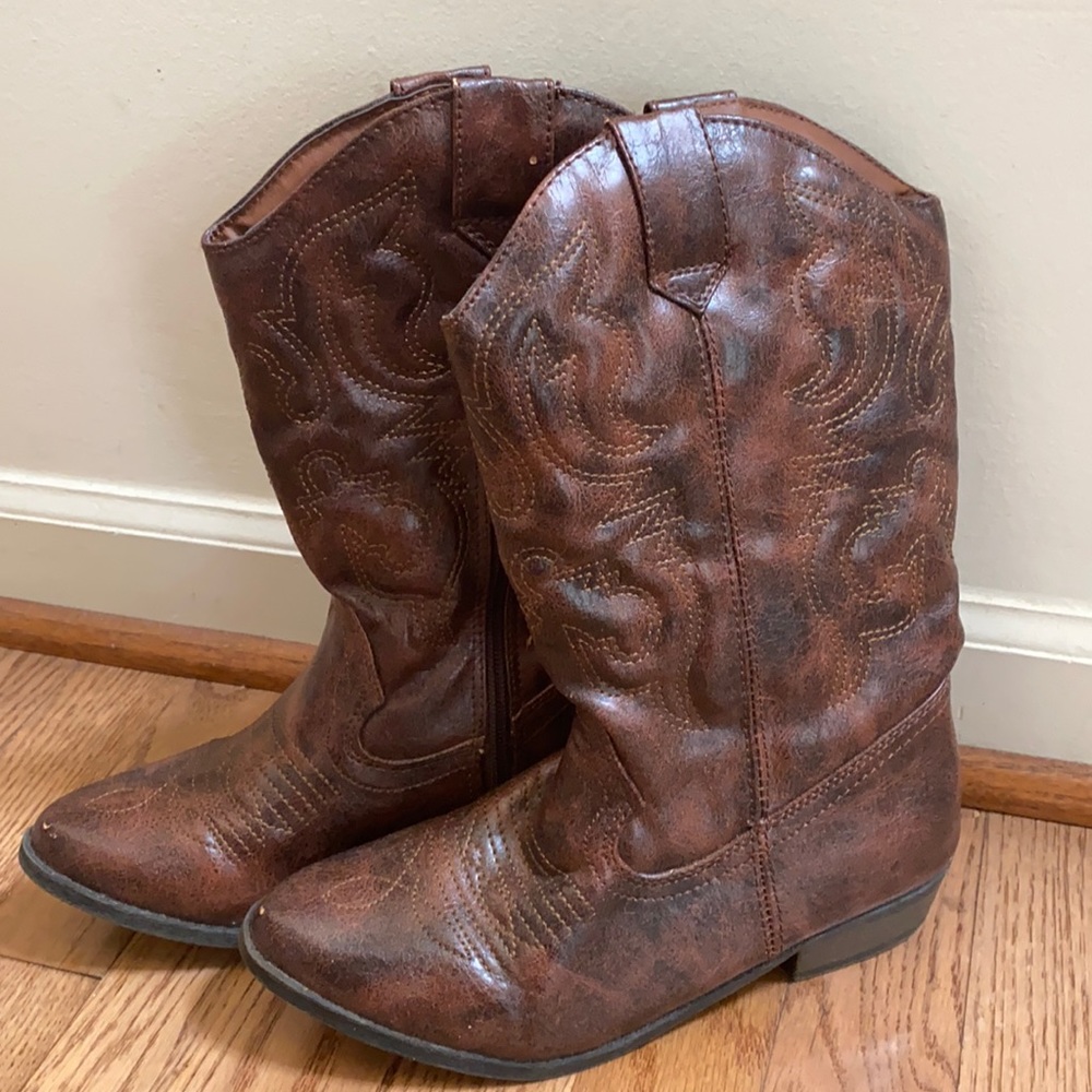 Girls Brown Faux Leather Cowboy Boots